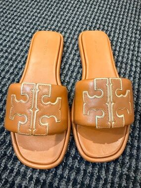 Tory Burch Tan Leather Slide Sandals with Logo Patch